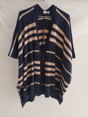 Gap Navy Tan Striped Poncho Sweater Wool Camel Hair Blend Open Front Cardigan OS